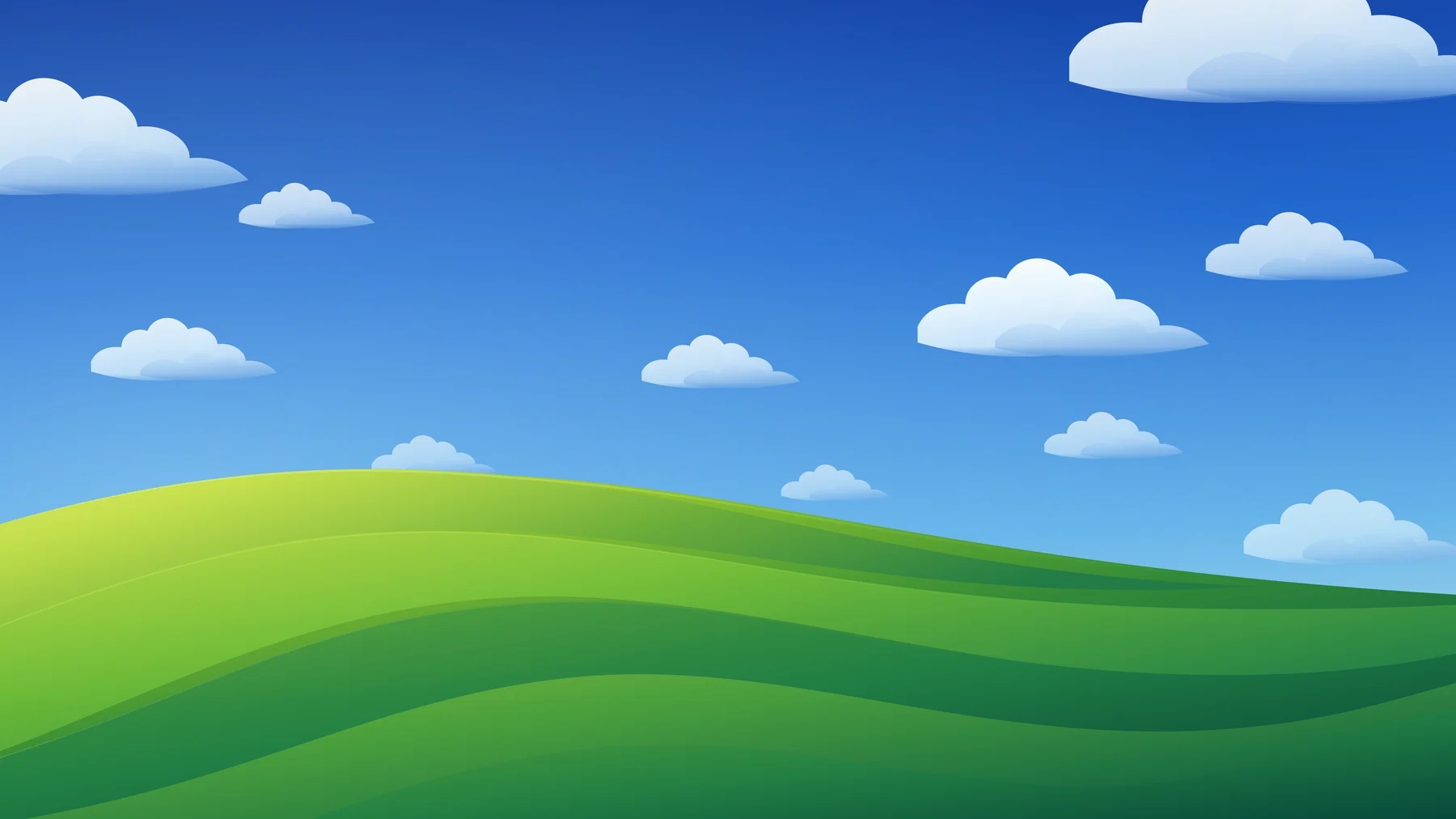 Layered green hills beneath a blue sky dotted with soft white clouds.