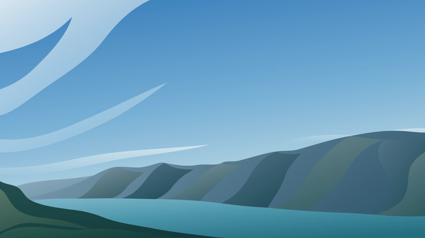 A stylized Columbia River Gorge with blue-green cliffs above a turquoise river and sweeping pale clouds across a blue sky.