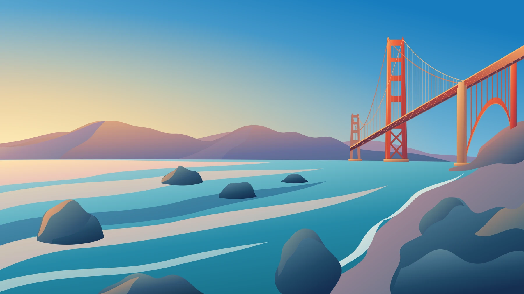 A stylized orange Golden Gate Bridge above turquoise water, with shoreline rocks and distant hills in warm evening light.