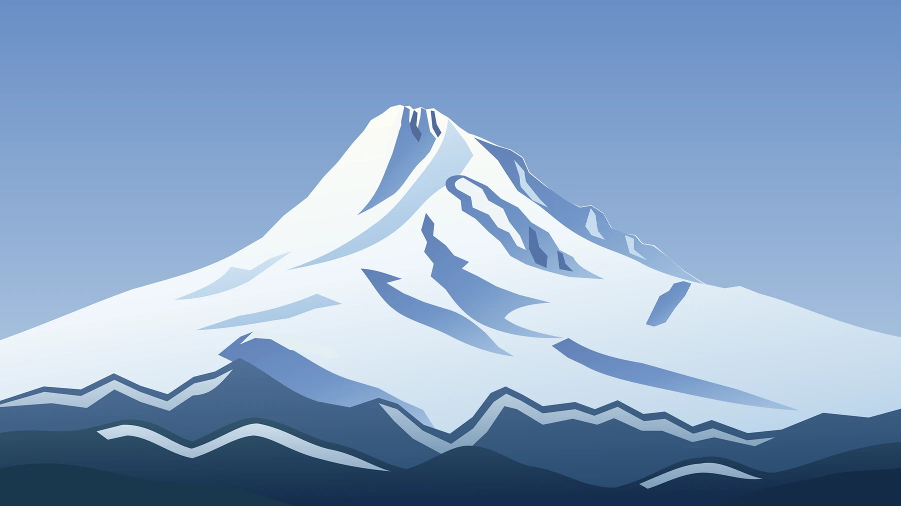 A stylized snow-covered Mount Hood in shades of white and blue, rising above dark foothills beneath a clear blue sky.